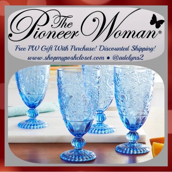 🌺 New Pioneer Woman (4) Amelia Blue Embossed Glass Goblets - Picture 7 of 10